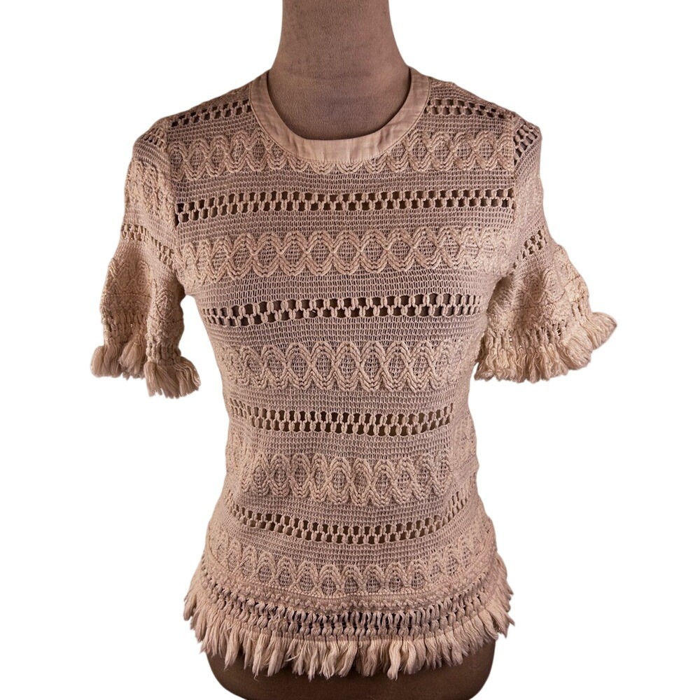 Women's H&M Cream Crochet Fringe Casual Trendy Short Sleeve Top